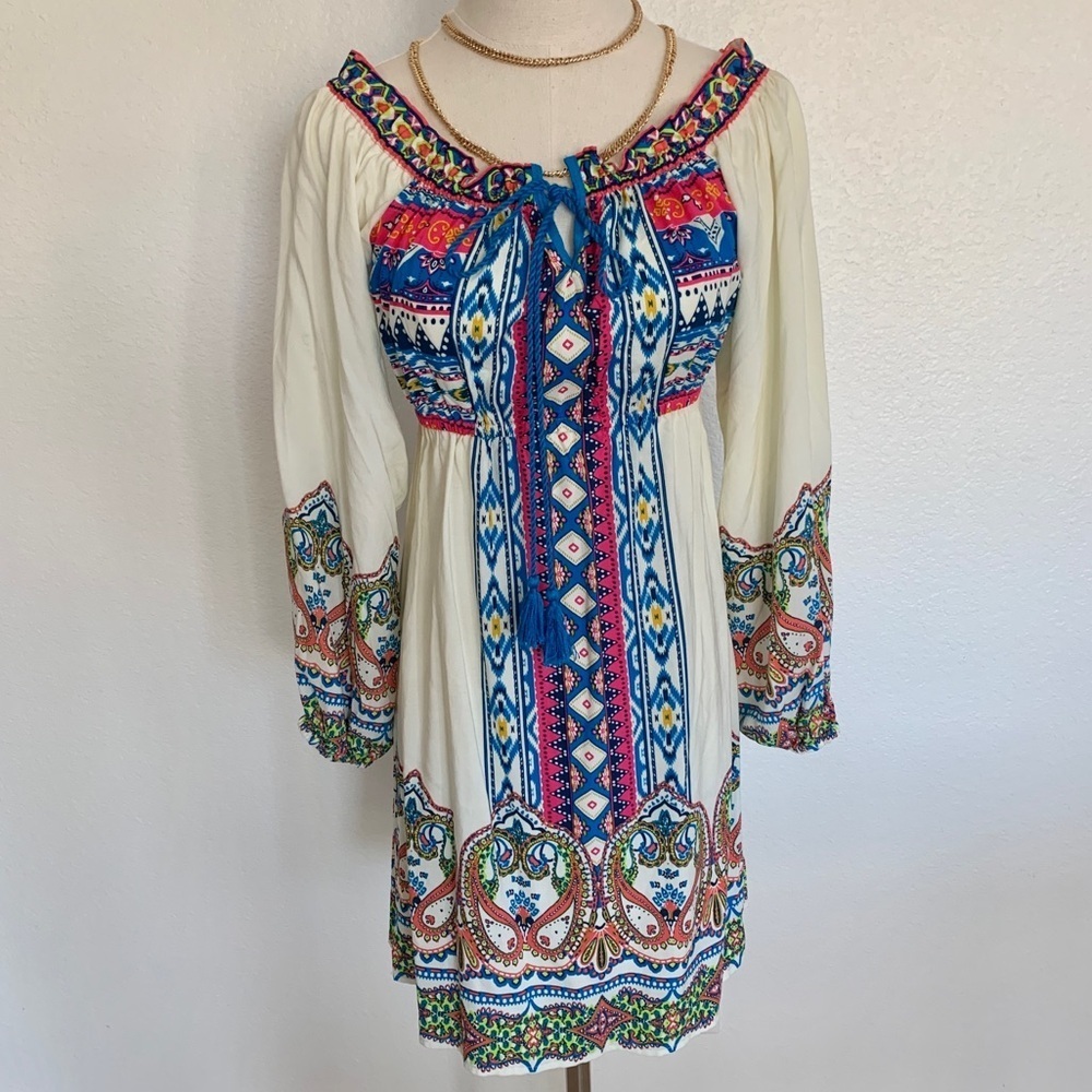 πΌ Cream Off-White Tribal Bohemian Boho Paisley Print Peasant Dress - Picture 3 of 16